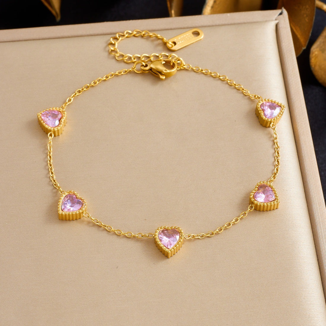 Colorful Rhinestone Heart Plated Stainless Steel Bracelet for Women