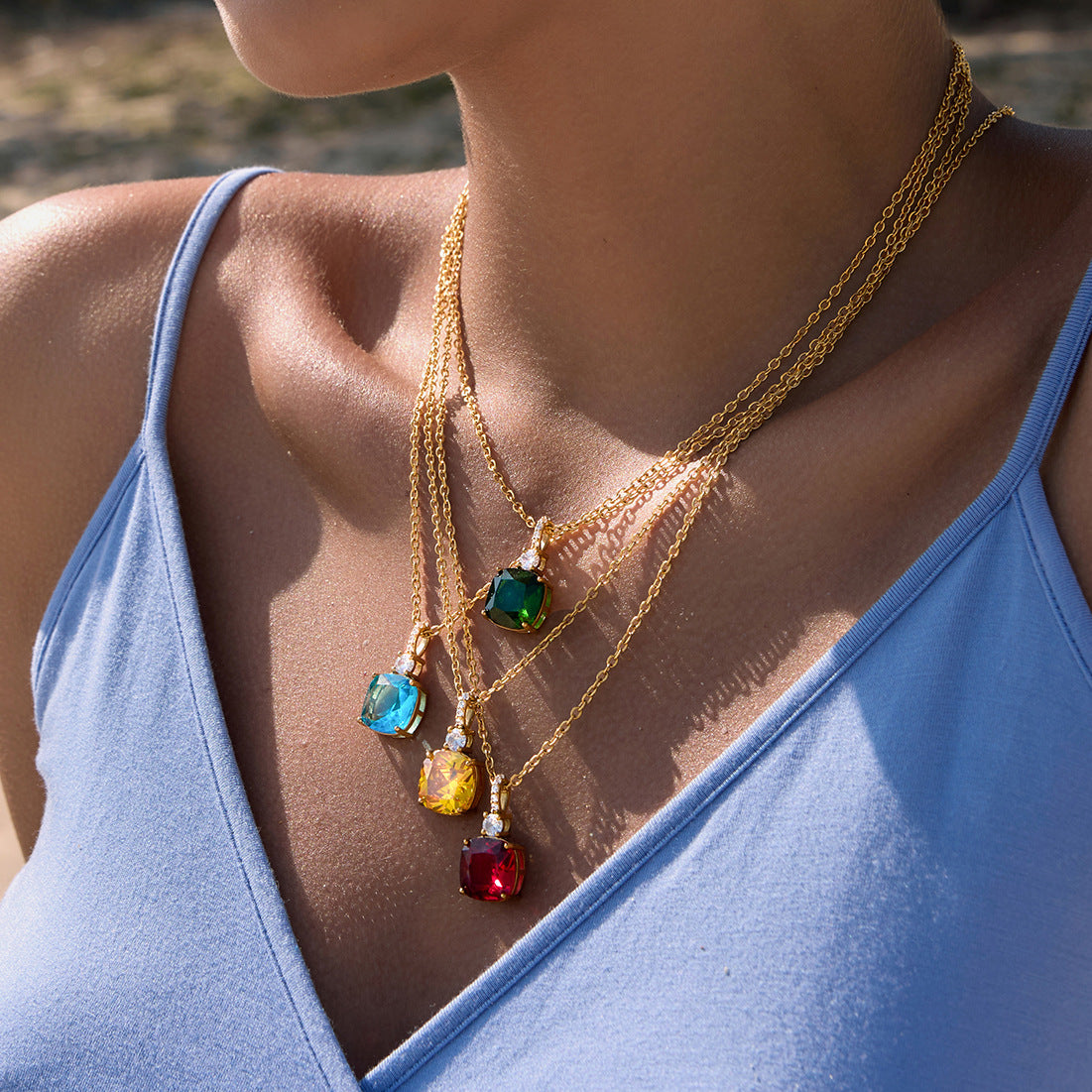 Minimalist Colorful Cubic Zirconia Geometric Square PVD Gold Plated Stainless Steel Necklace for Women