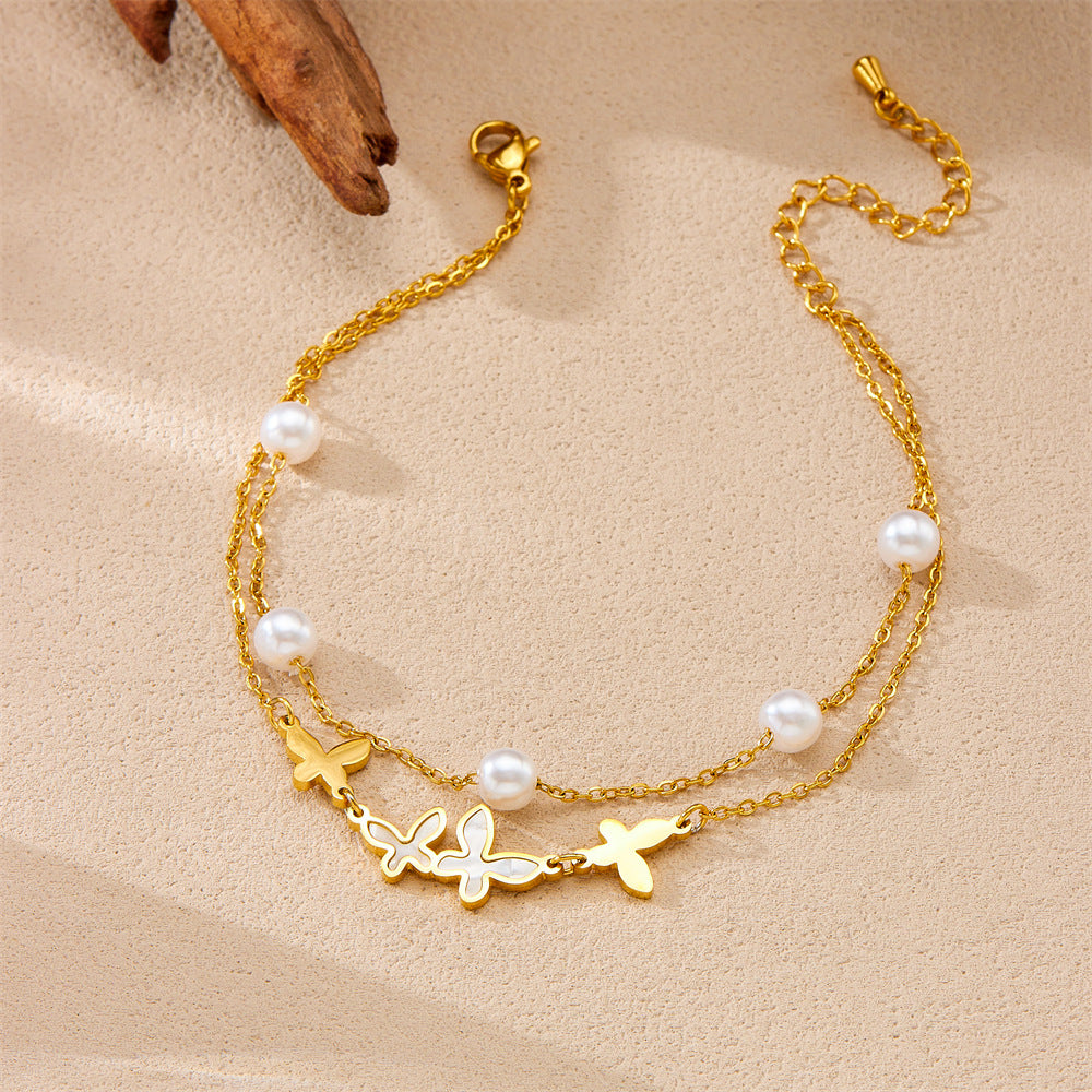 Minimalist Vintage Double-Layer Pearl Butterfly Anklet for Women in Stainless Steel with Gold Plating