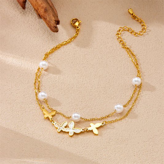 Cavigliera a doppio strato in perle e farfalla, stile vintage minimalista, da donna, in acciaio inossidabile placcato oro