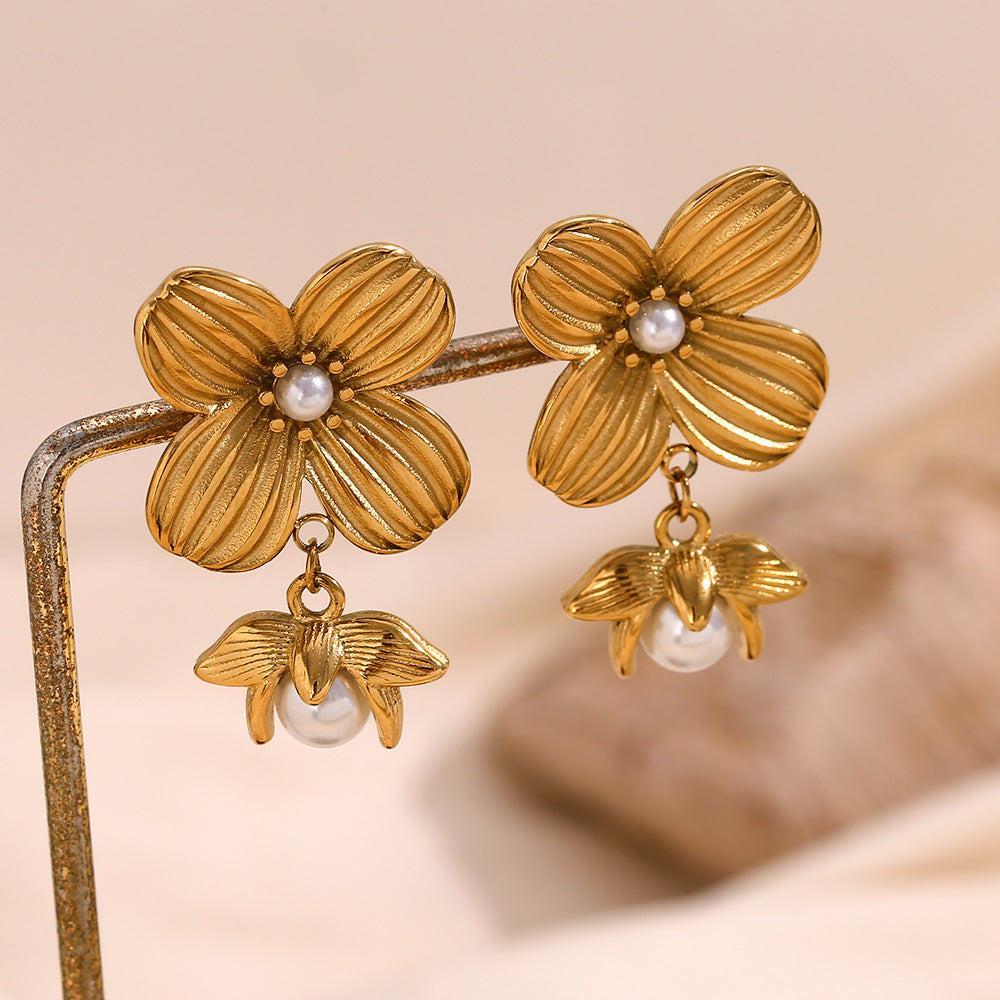 Vintage Floral Geometric Stainless Steel Earrings with 18K Gold Plating and Simulated Pearl Accents