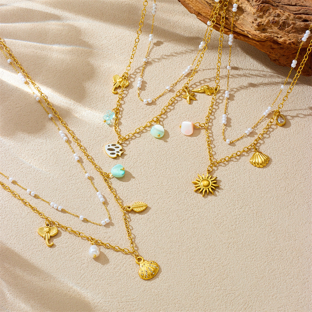 Sweet Ocean-Inspired Stainless Steel Double Layer Necklace with Seashell and Star Pendant for Women