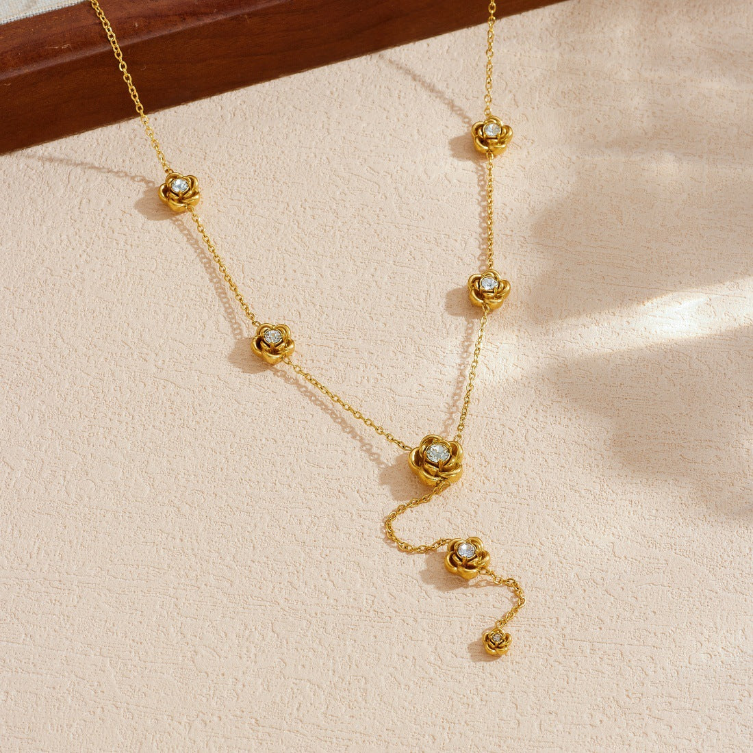 Minimalist Gold Plated Stainless Steel Floral Rhinestone Y-Shape Pendant Necklace for Women