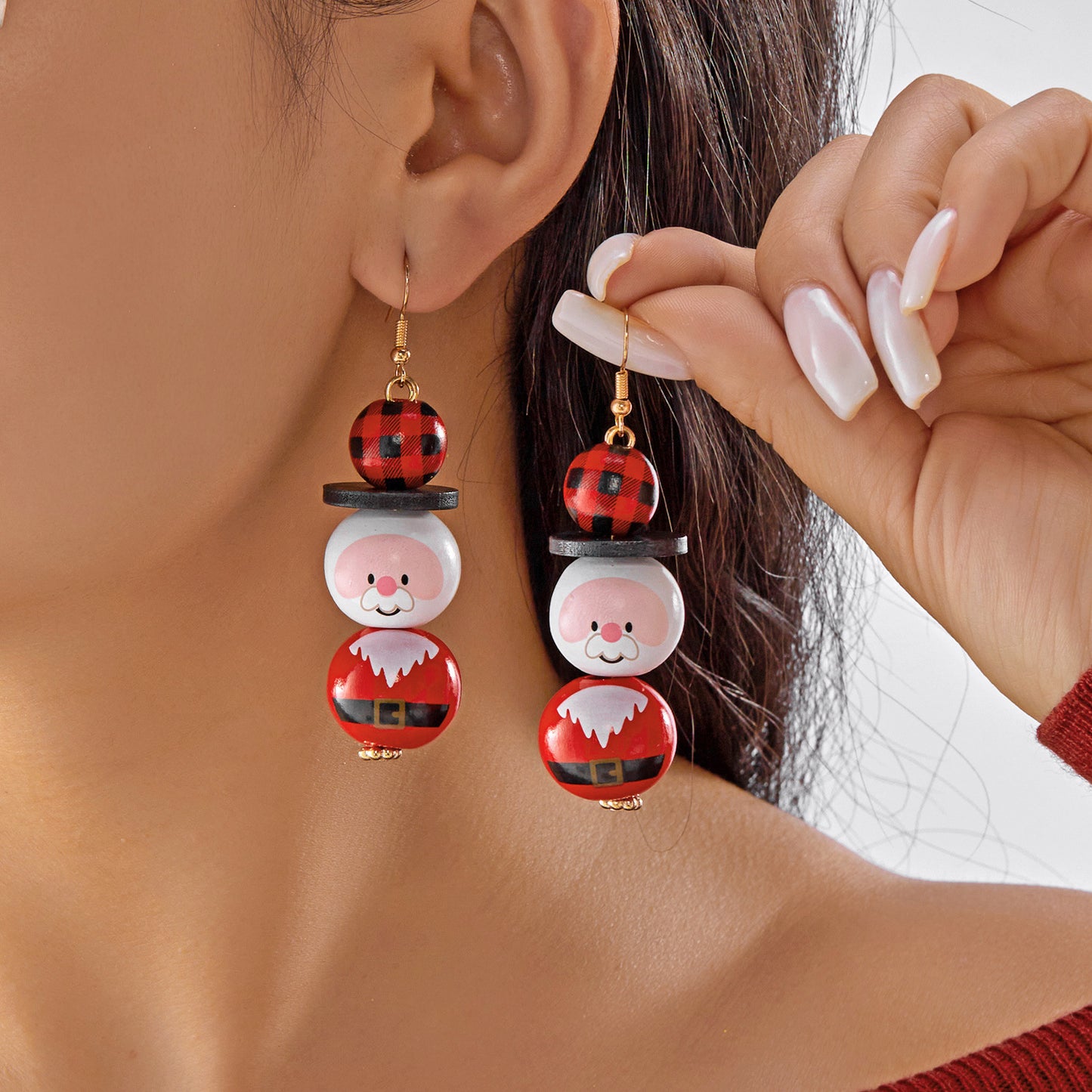Pendientes Creativos de Cuentas de Madera de Papá Noel para Fiestas Navideñas, Joyería de Oreja Festiva Unisex con Acabado Chapado