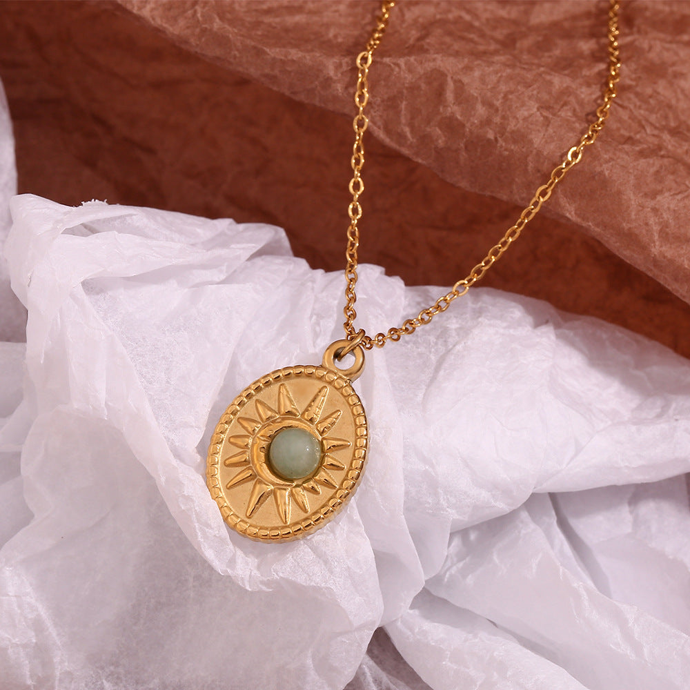 Collana pendente ovale retrò minimalista a forma di sole in acciaio inossidabile placcato oro 18 carati con intarsio in pietra naturale
