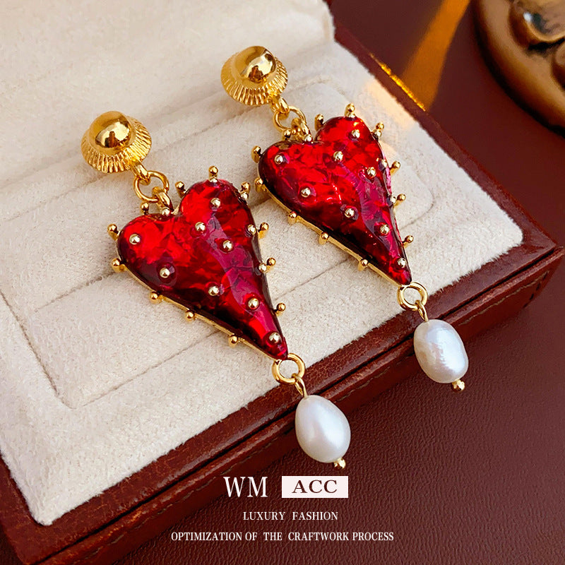 Elegant Geometric Dangle Stud Earrings for Women with Red Tassels, Alloy Base and Gold Plated Finish