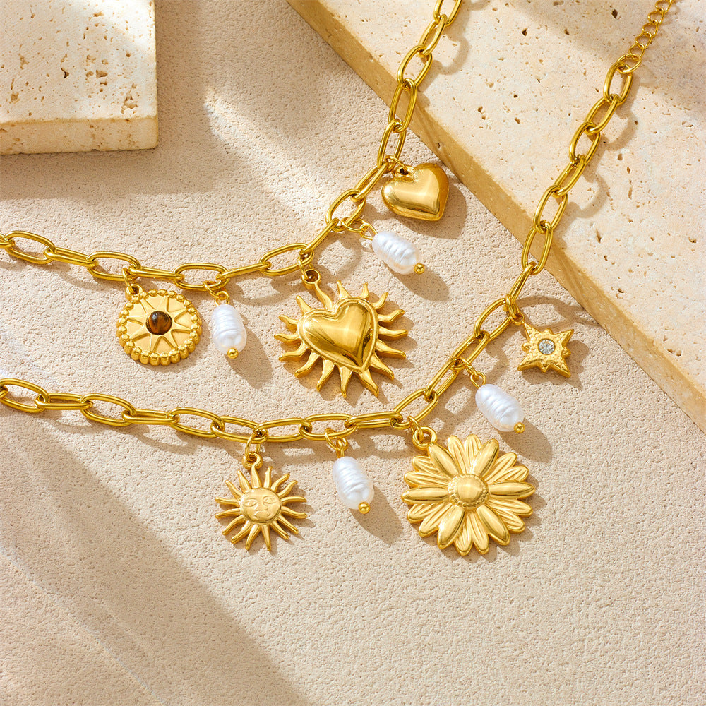 Vintage Floral Pearl Heart and Sunflower Pendant Bracelet in Gold-Plated Stainless Steel for Women