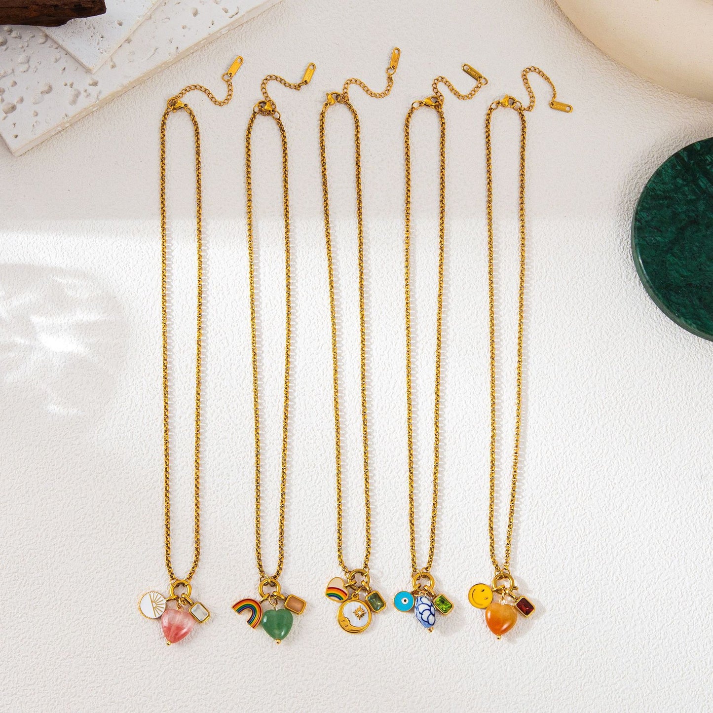 Rainbow Cubic Zirconia Heart Moon Star Plated Stainless Steel Necklace