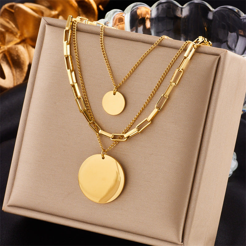 Vintage Luxury Gold Plated Heart Butterfly Round Stainless Steel Necklace with Pearl Multi-Layer