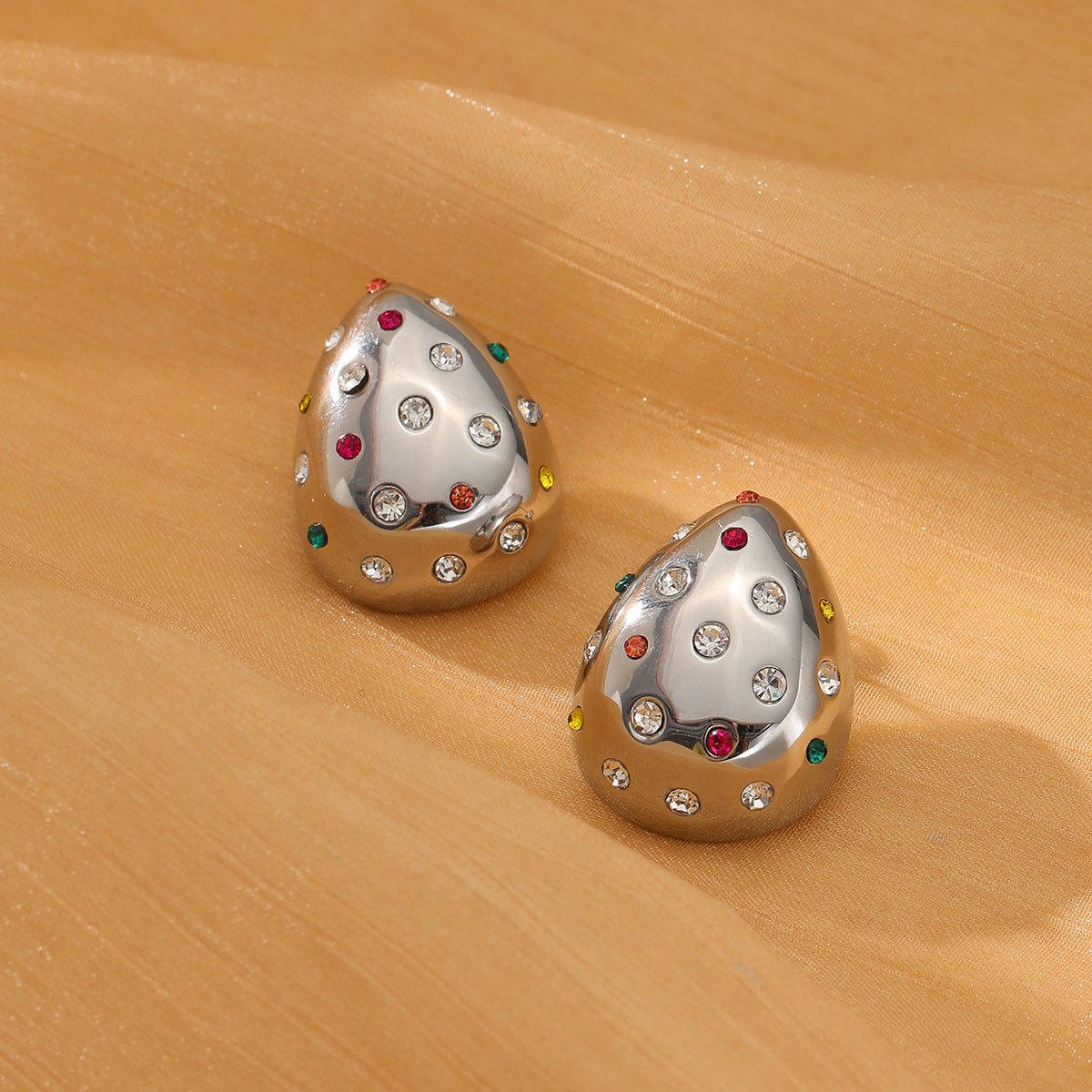 Pendientes de Acero Inoxidable con Baño de Oro de 18K y Forma de Gota de Agua con Incrustaciones de Pedrería para Mujer