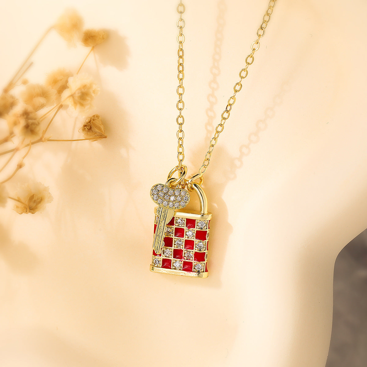 Minimalist Geometric Chessboard Pattern Enamel Key Lock Pendant Necklace for Women in Brass with 18K Gold Plating and Zircon