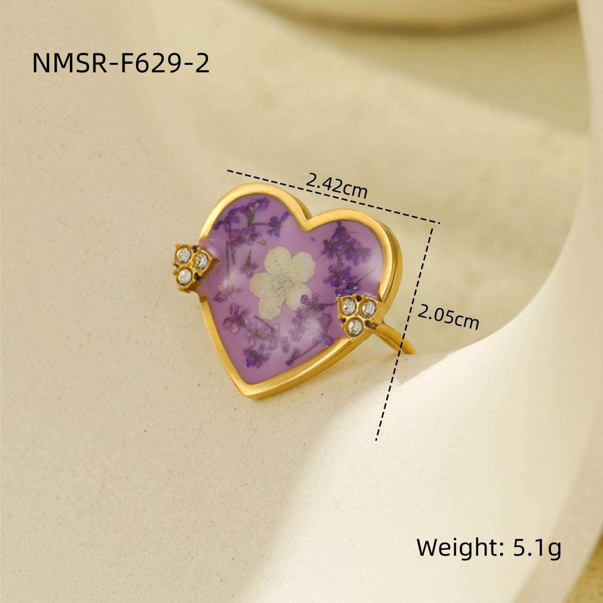 Anillo de Acero Inoxidable con Forma de Corazón a la Moda y Flor Seca Incrustada para Mujer, Baño de Oro, Joyería Chic Minimalista para Oficina
