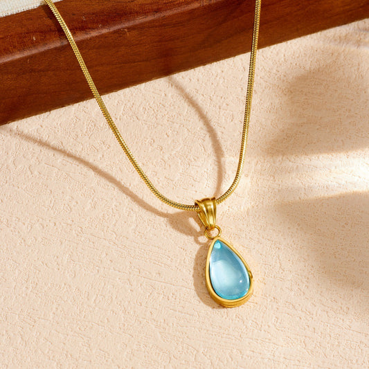 Blue Ocean Heart Teardrop Gold Plated Stainless Steel Necklace with Snake Chain for Women