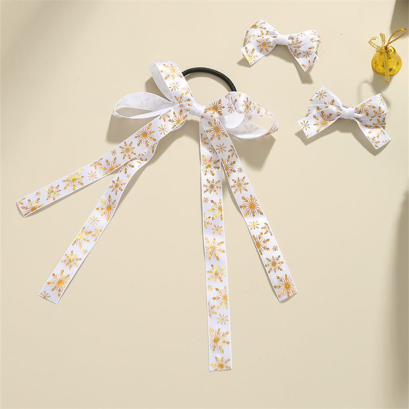Pinzas para el pelo y gomas de pelo con diseño minimalista de lazos y copos de nieve para niños, accesorios para el pelo de tela blanca con temática navideña