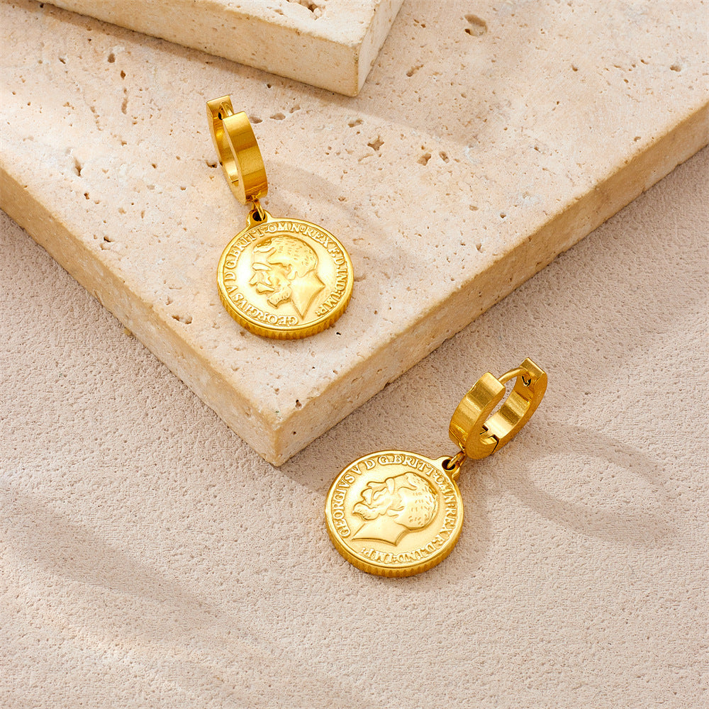 Collana con Pendente Rotondo Vintage a Figura Umana Astratta in Acciaio Inossidabile con Placcatura Oro