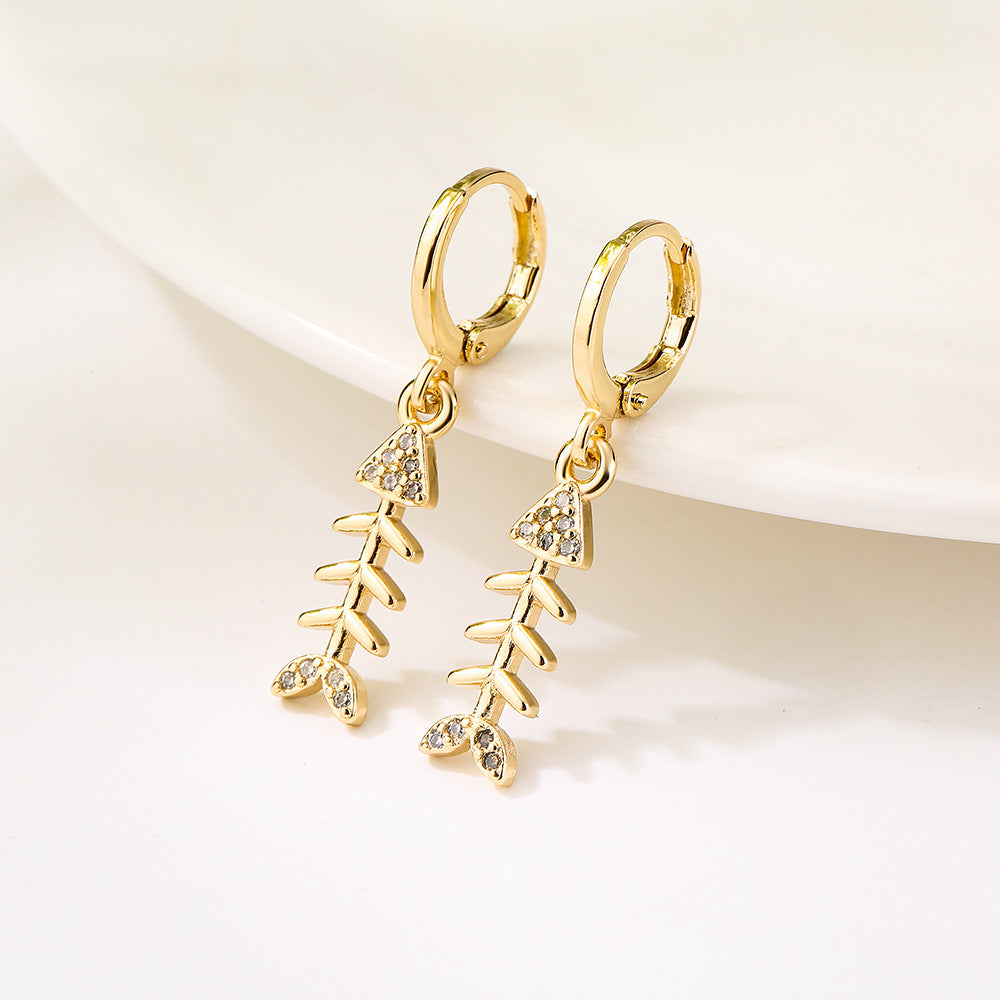 Minimalist Geometric Pineapple Fishbone Earrings for Women with Copper Base Plated in 18K Gold and Micro-Paved Zirconia