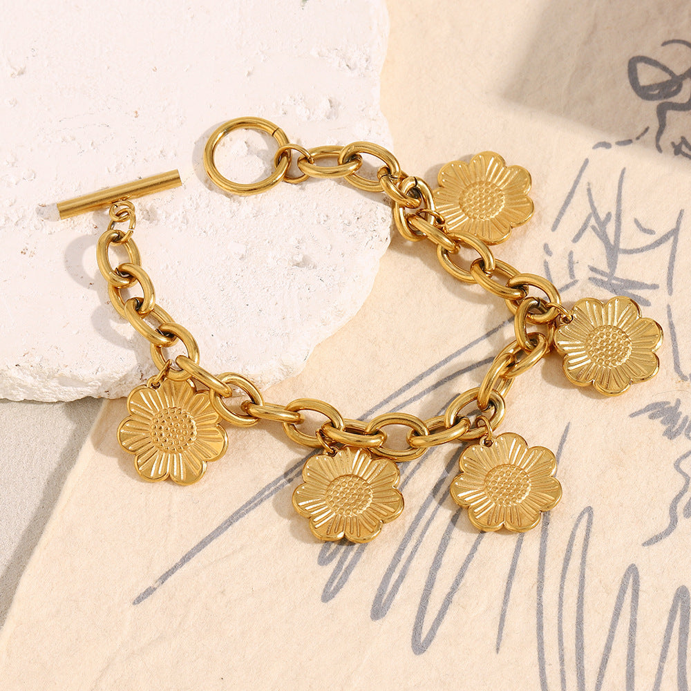 Collana con pendente floreale e bracciale da donna, in acciaio inossidabile con placcatura in oro 18 carati, design a catena a O