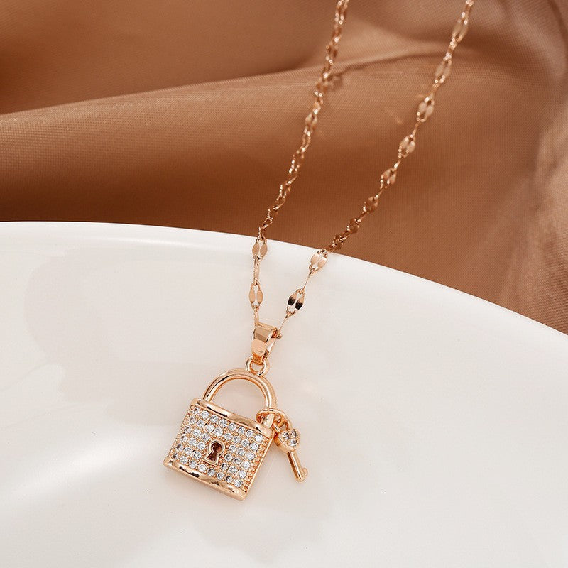 Minimalist Lock-Shaped Titanium Steel Necklace with Alloy Pendant and Plated Finish for Women and Men