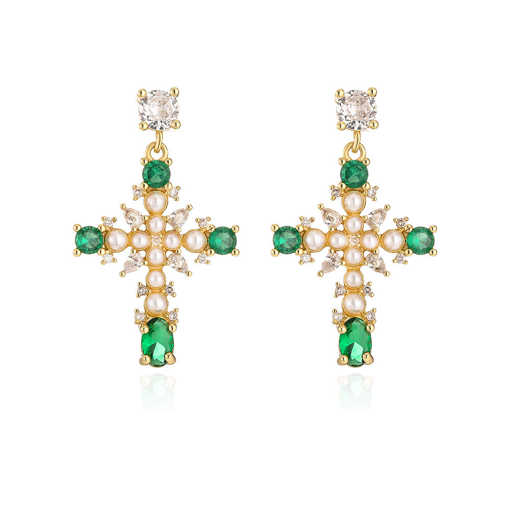 Geometric Copper Earrings with 18K Gold Plating, Zircon Inlay, and Pearl Accents — Minimalist Luxury Fashion Ear Jewelry