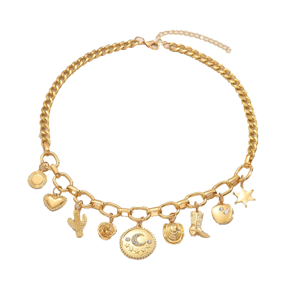 Collar con colgante de luna creciente geométrica con incrustaciones de diamantes de imitación para mujer, cadena con medallón de aleación de zinc