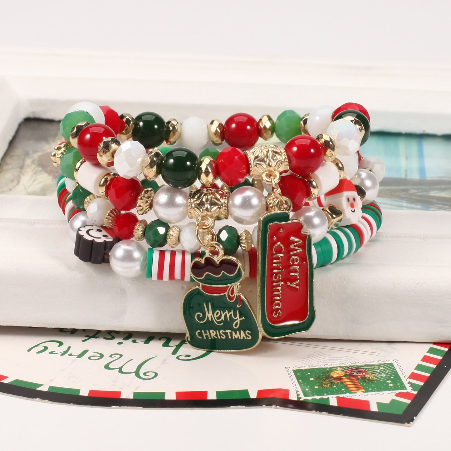 Unisex Natural Stone Beaded Bracelet with Snowman Christmas Tree Santa Reindeer Charms Floral Pattern Holiday Gift