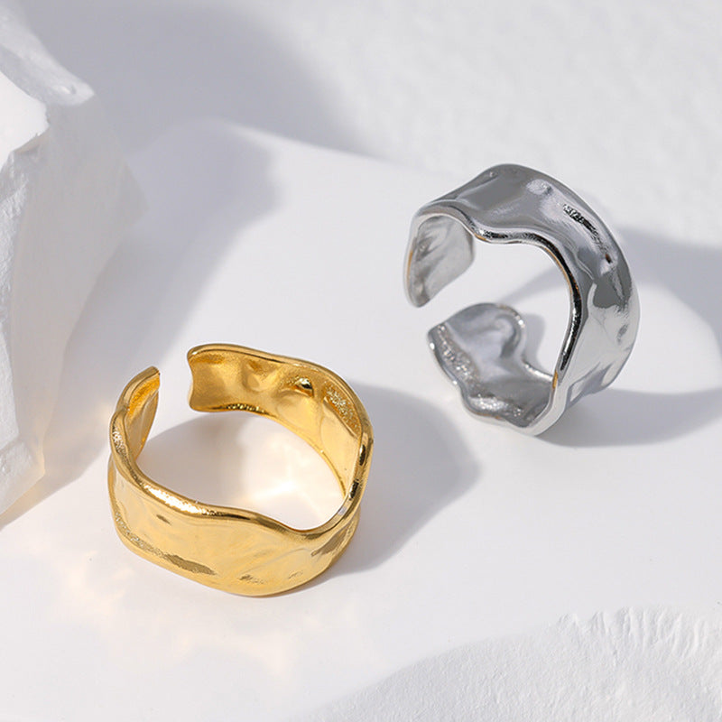 Minimalist Titanium Steel Leaf and Heart Shape Open Ring for Women with Plated Finish
