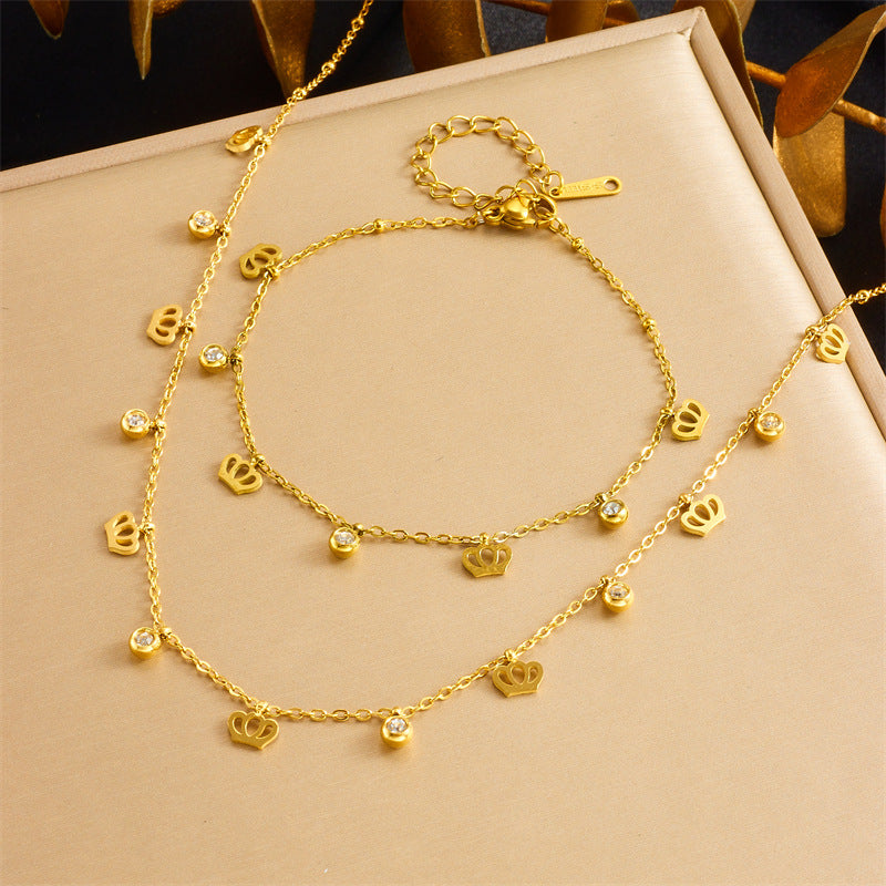 Minimalist Gold Plated Stainless Steel Butterfly Round Crown Eye Pendant Necklace and Bracelet Set for Women