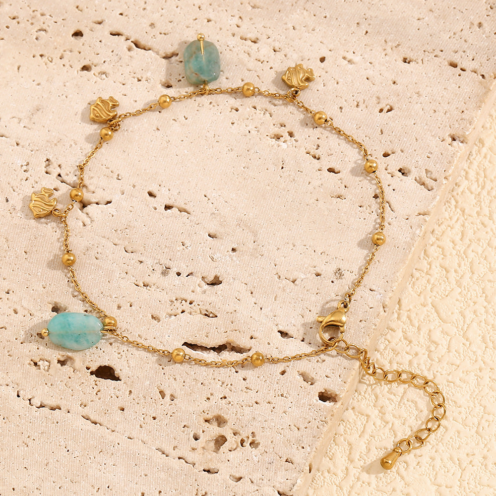 Cavigliera minimalista a forma di pesce in acciaio inossidabile con placcatura in oro 18 carati e ciondolo acquamarina da donna