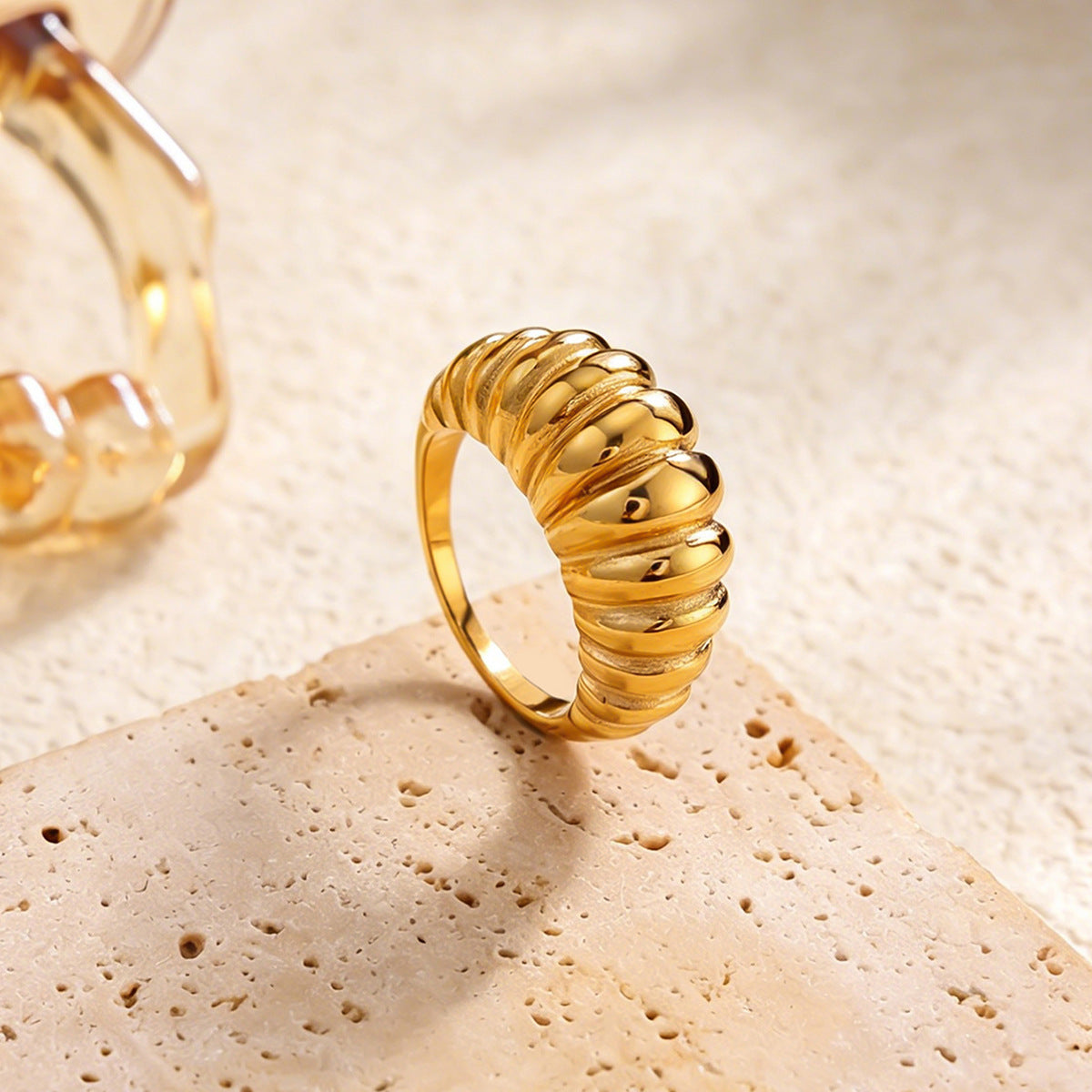 Luxury Minimalist 18K Gold Plated Stainless Steel Rhinestone Inlaid Geometric Open Ring for Women