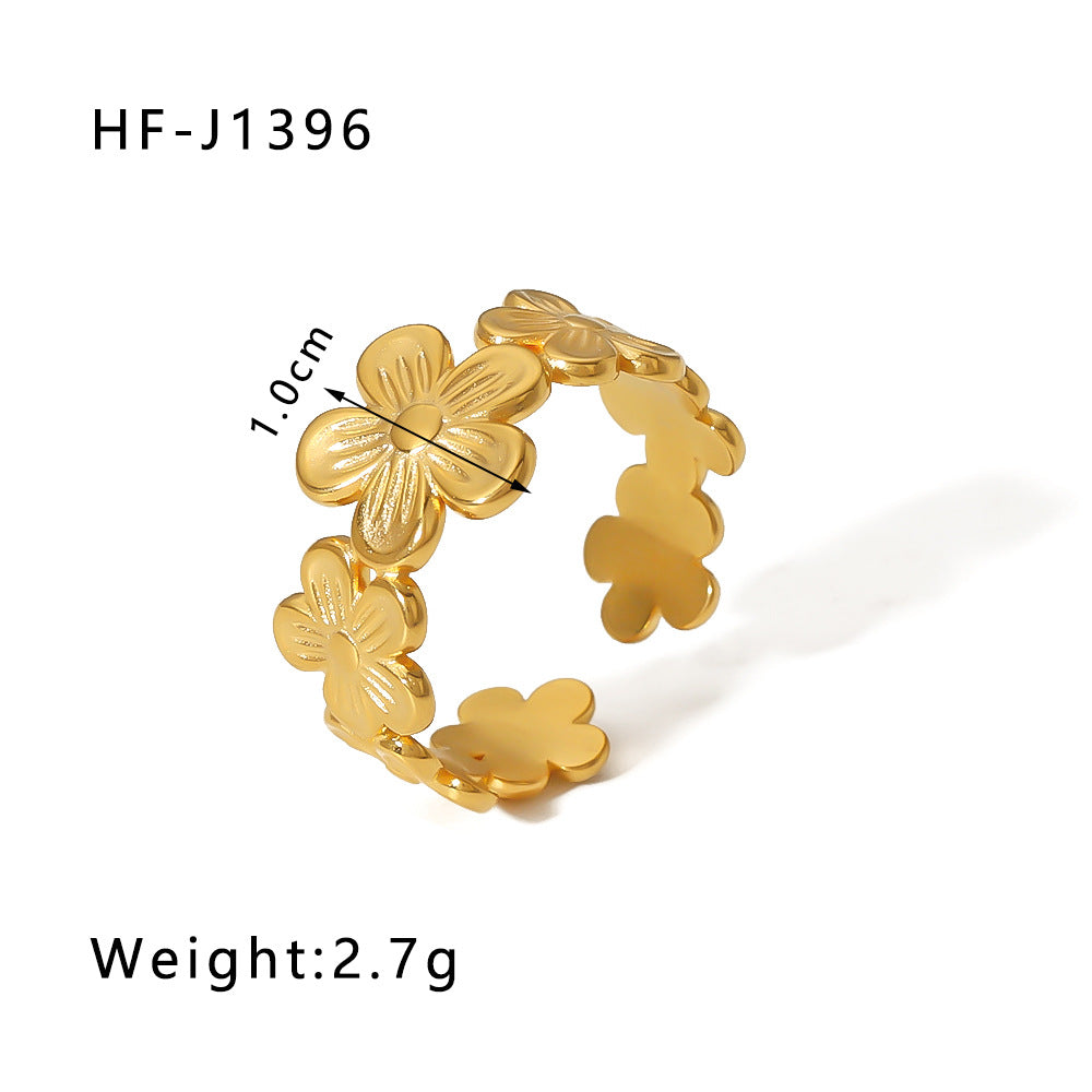 Minimalist Instagram Style Geometric Hollow Leaf and Floral Titanium Steel Ring with 18K Gold Plating for Women