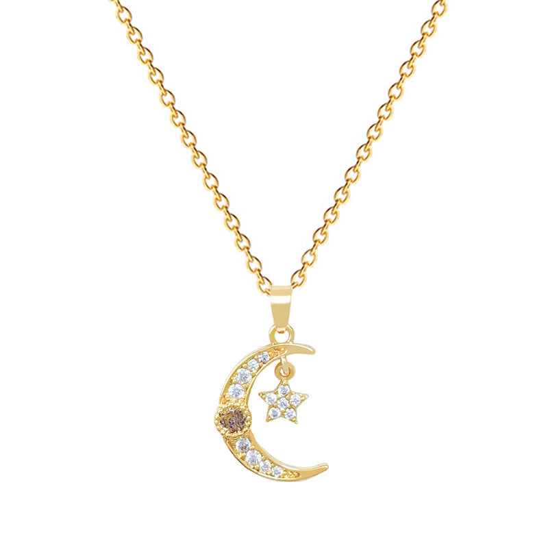 Sweet Star Moon Geometric Cubic Zirconia Titanium Steel Necklace for Unisex