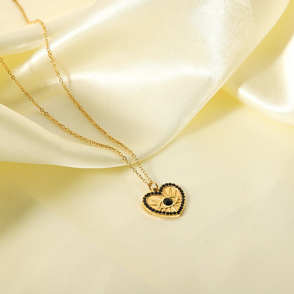 INS Style Heart Shaped Stainless Steel Pendant Necklace with 18K Gold Plating and Zircon Inlay for Women