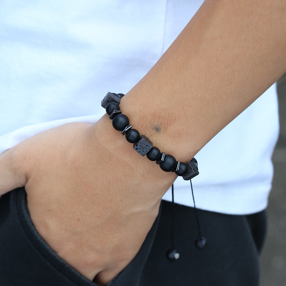 Matte Black Geometric Round Volcanic Stone and Glass Beaded Bracelet for Men and Women