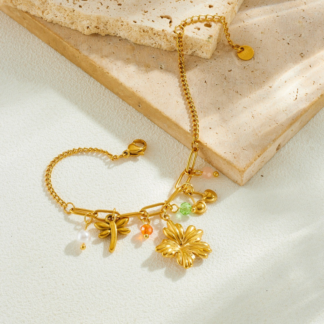 Sweet Gold Plated Floral Butterfly and Cherry Blossom Stainless Steel Bracelet with Pearl Ball Chain for Women