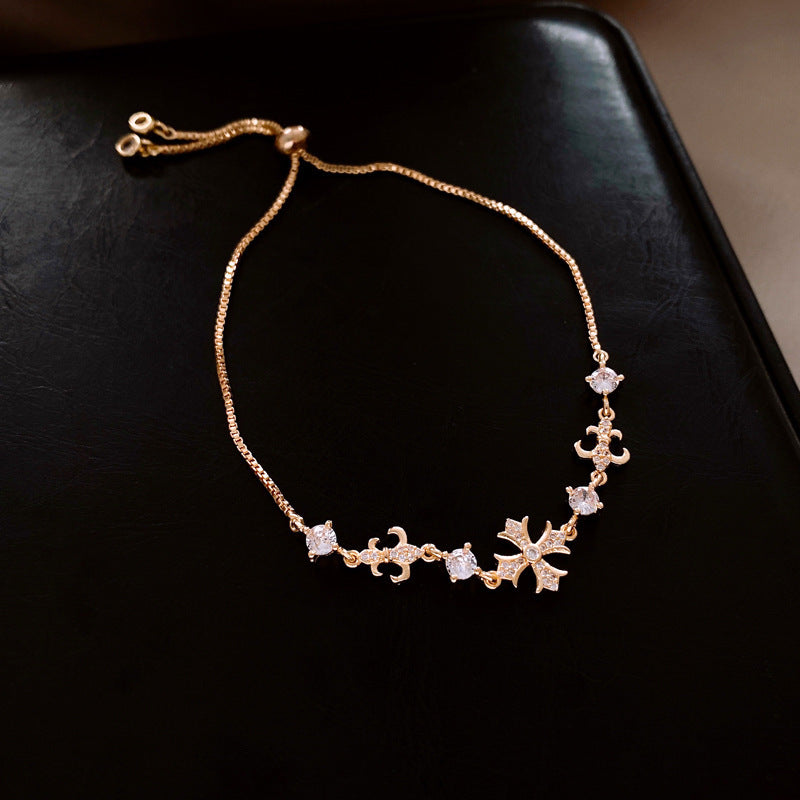 Luxury Elegant Geometric Floral Brass Bracelet with Cubic Zirconia Inlay for Women