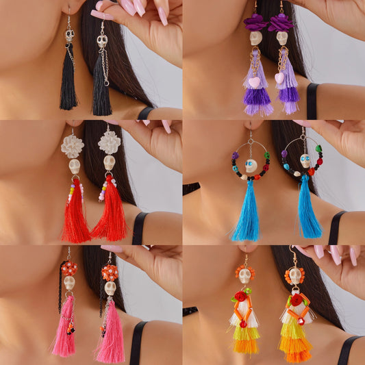 Pendientes de borla de calavera de Halloween de resina con formas geométricas y de insectos, pendientes de declaración de moda hechos a mano para mujer