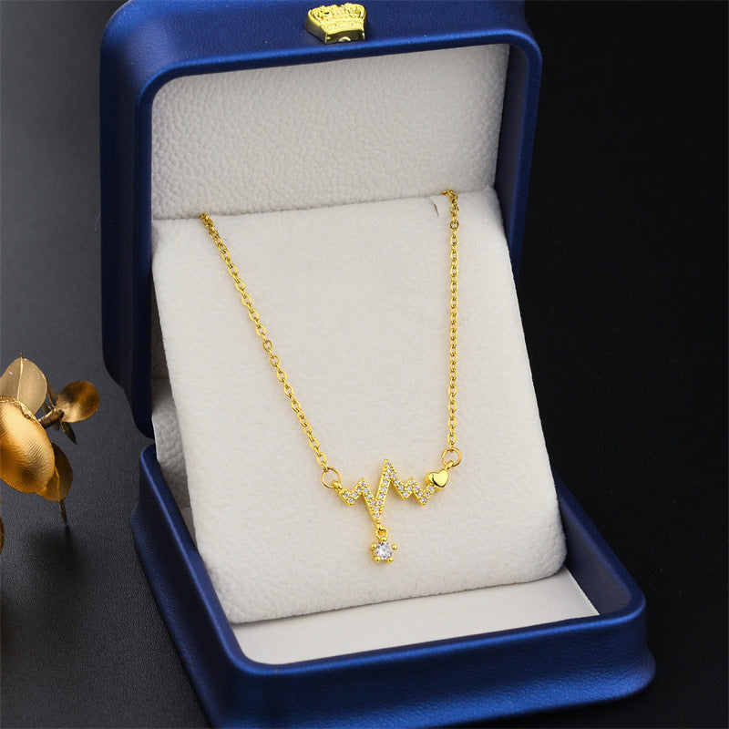 Collana a ciondolo ECG a battito cardiaco in acciaio al titanio con finitura galvanica, design geometrico, stile fresco e dolce per le donne