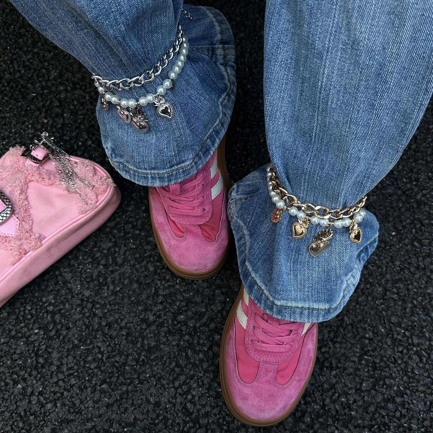 Heart Cross Alloy Anklet with Pearl Beads for Women