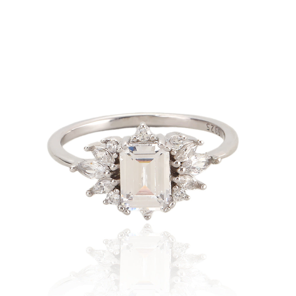 Anillo Cuadrado Geométrico Minimalista de Plata de Ley 925 con Incrustaciones Completas de Diamantes de Imitación para Mujer