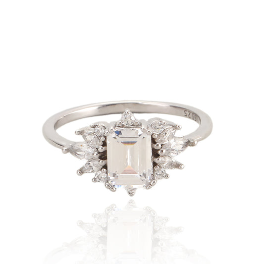 Minimalist Geometric Square-Shaped S925 Sterling Silver Ring with Full Rhinestone Inlay for Women