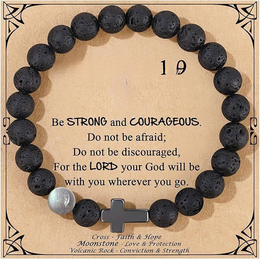 Minimalist 8mm Cross Moonstone Volcanic Stone Beaded Bracelet Unisex