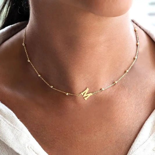 Minimalist Gold Plated Stainless Steel Letter Necklace Ball Chain