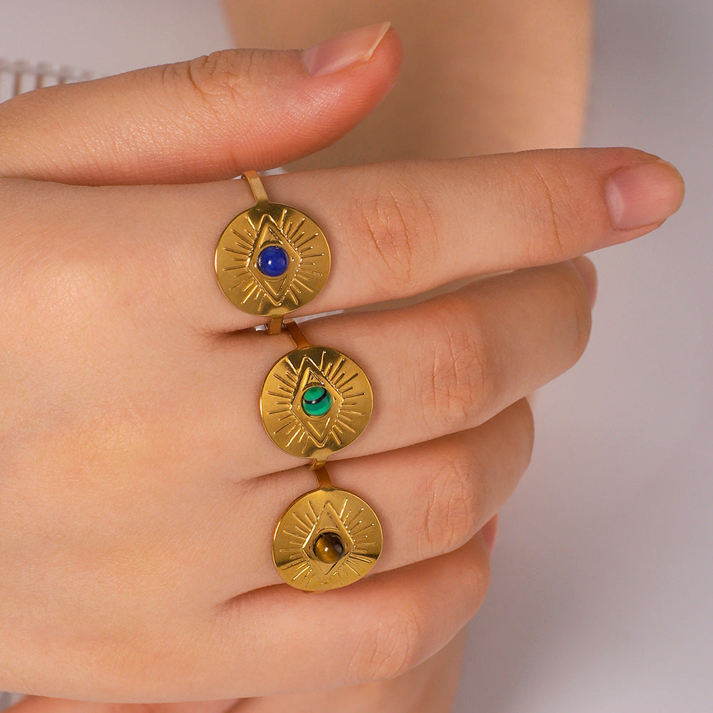 Anello Vintage Acciaio al Titanio con Occhio Greco e Strass, Forma Geometrica per Uomo e Donna