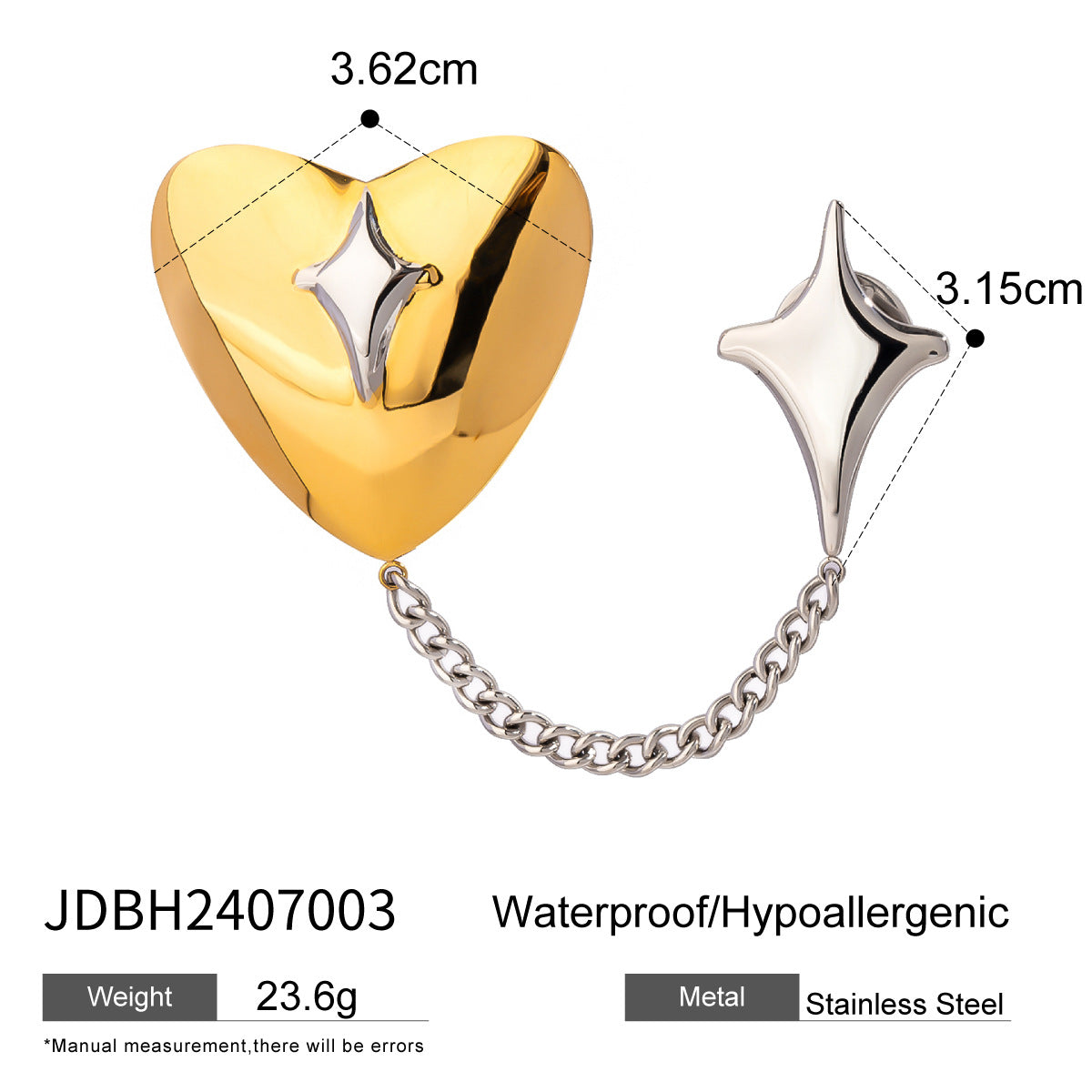 Elegante Broche de Acero Inoxidable con Forma de Corazón y Acabado Bañado para Mujer, Accesorio de Moda con Diseño Geométrico