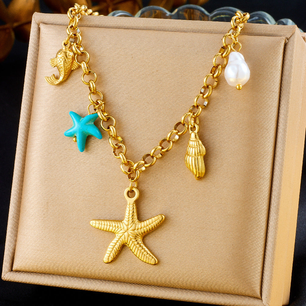 Personality Drip Oil Stainless Steel Dolphin Starfish Pearl Shell Necklace with Thick Chain for Women