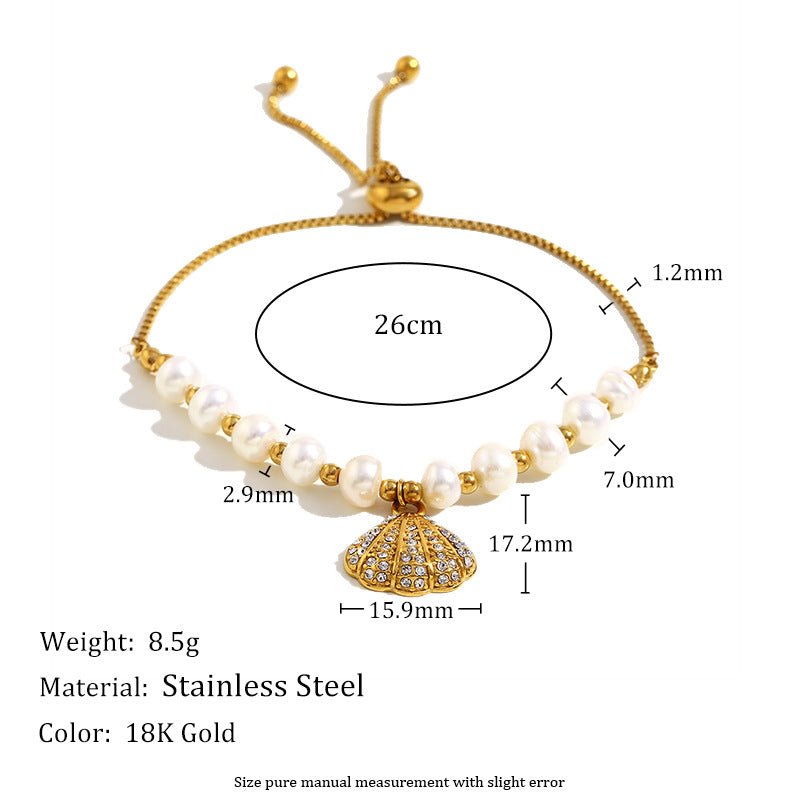 Bracciale regolabile da donna in acciaio inossidabile placcato oro 18 carati con perle e conchiglie, stile vintage geometrico