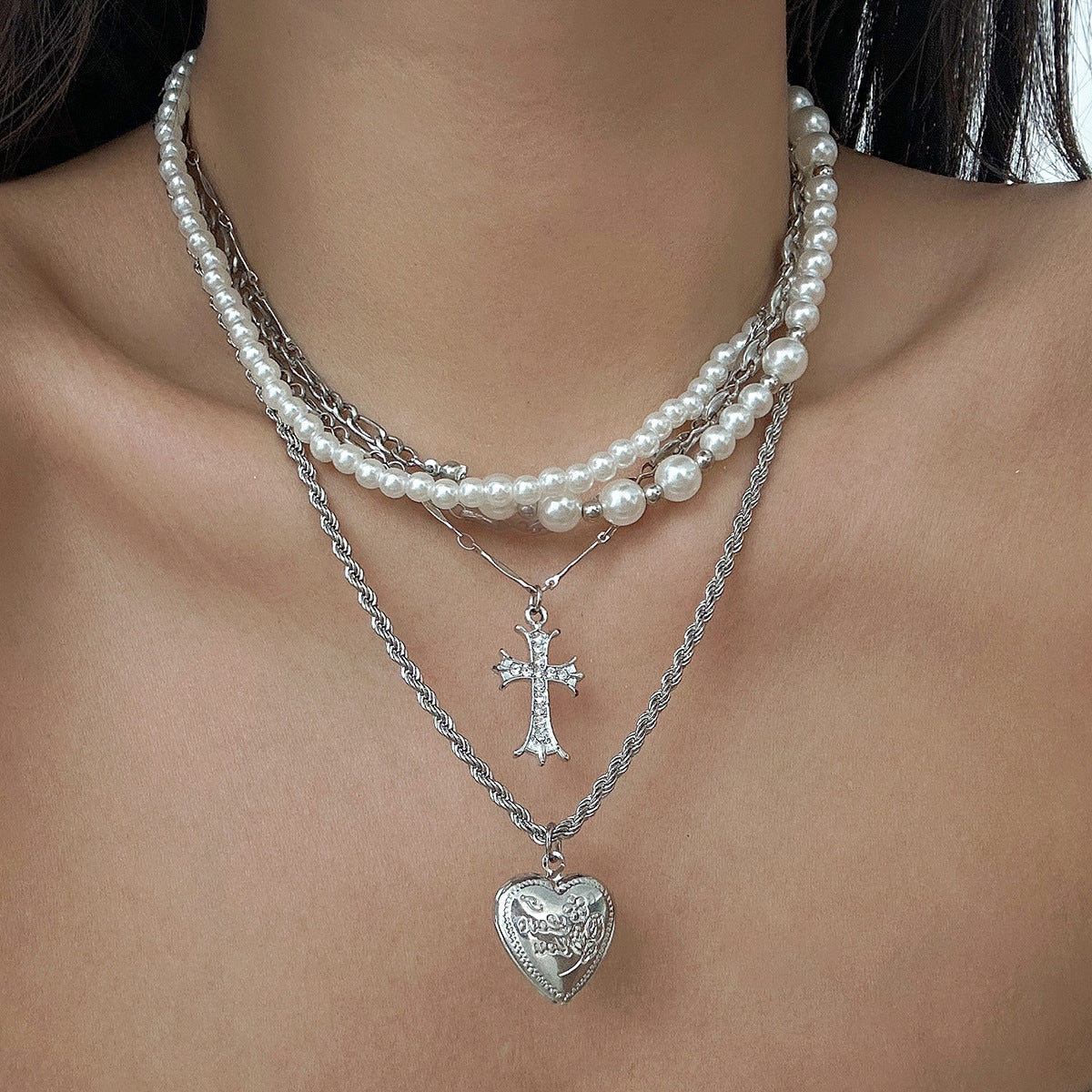 Minimalist Heart Geometric Zinc Alloy Plated Multi-layer Necklace Set for Women