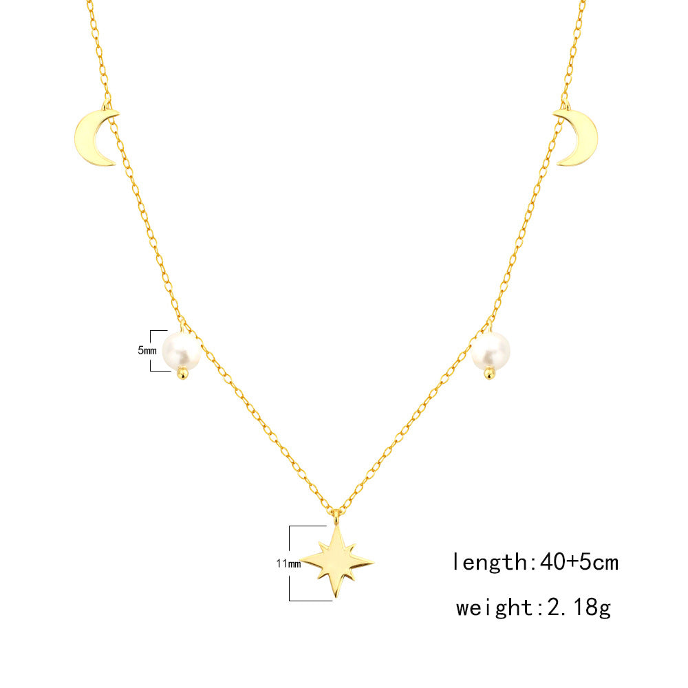 Elegante collar con colgante de perla de estrella y luna de plata de ley 925 con cadena chapada para mujer
