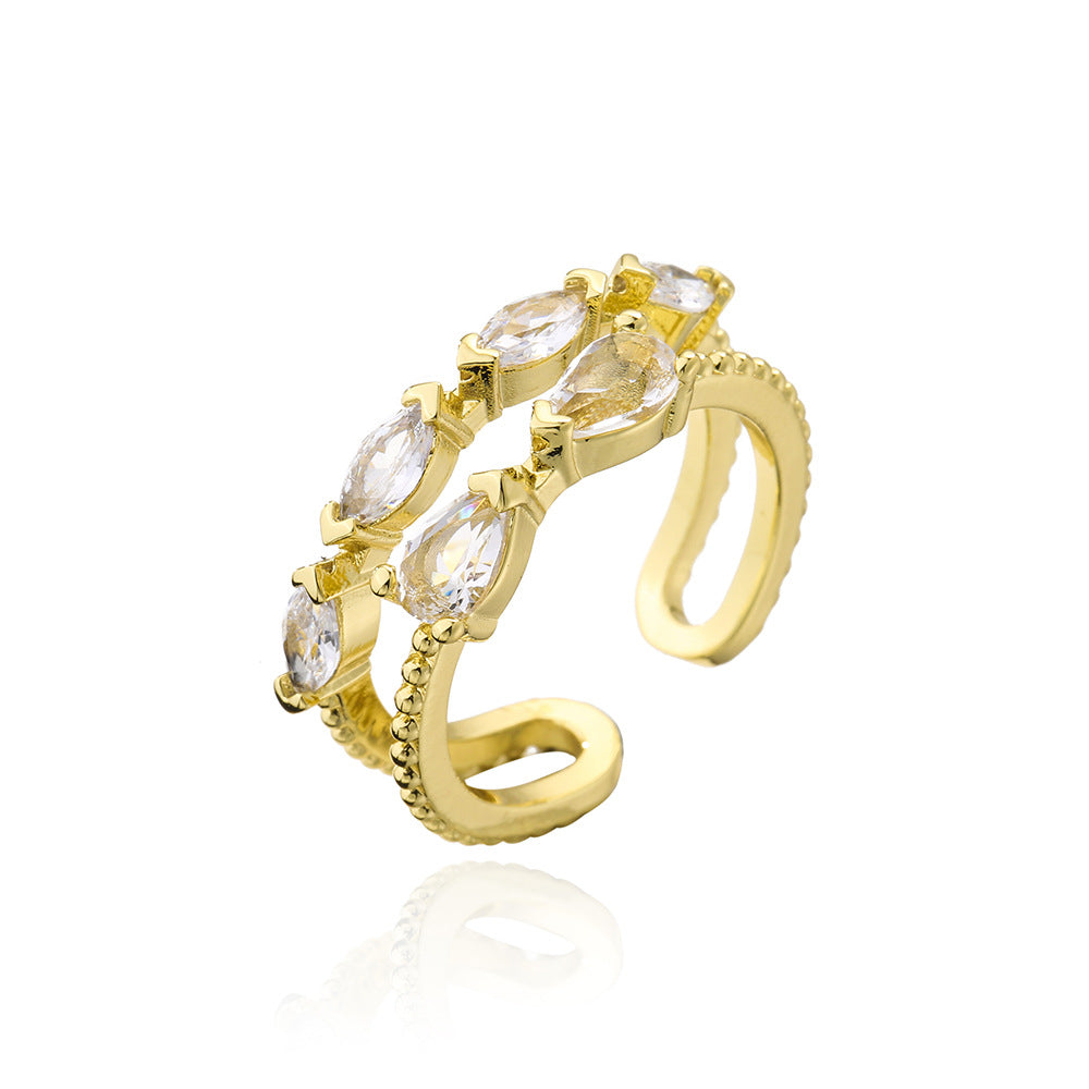 Geometric Open Ring for Women with Copper Base Plated in 18K Gold and Micro-Paved Zirconia