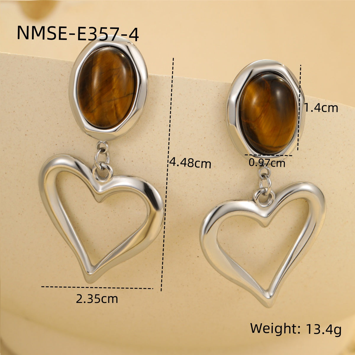 Pendientes con forma de corazón de estilo francés vintage, de acero inoxidable con baño de oro de 18 quilates e incrustaciones de piedra natural